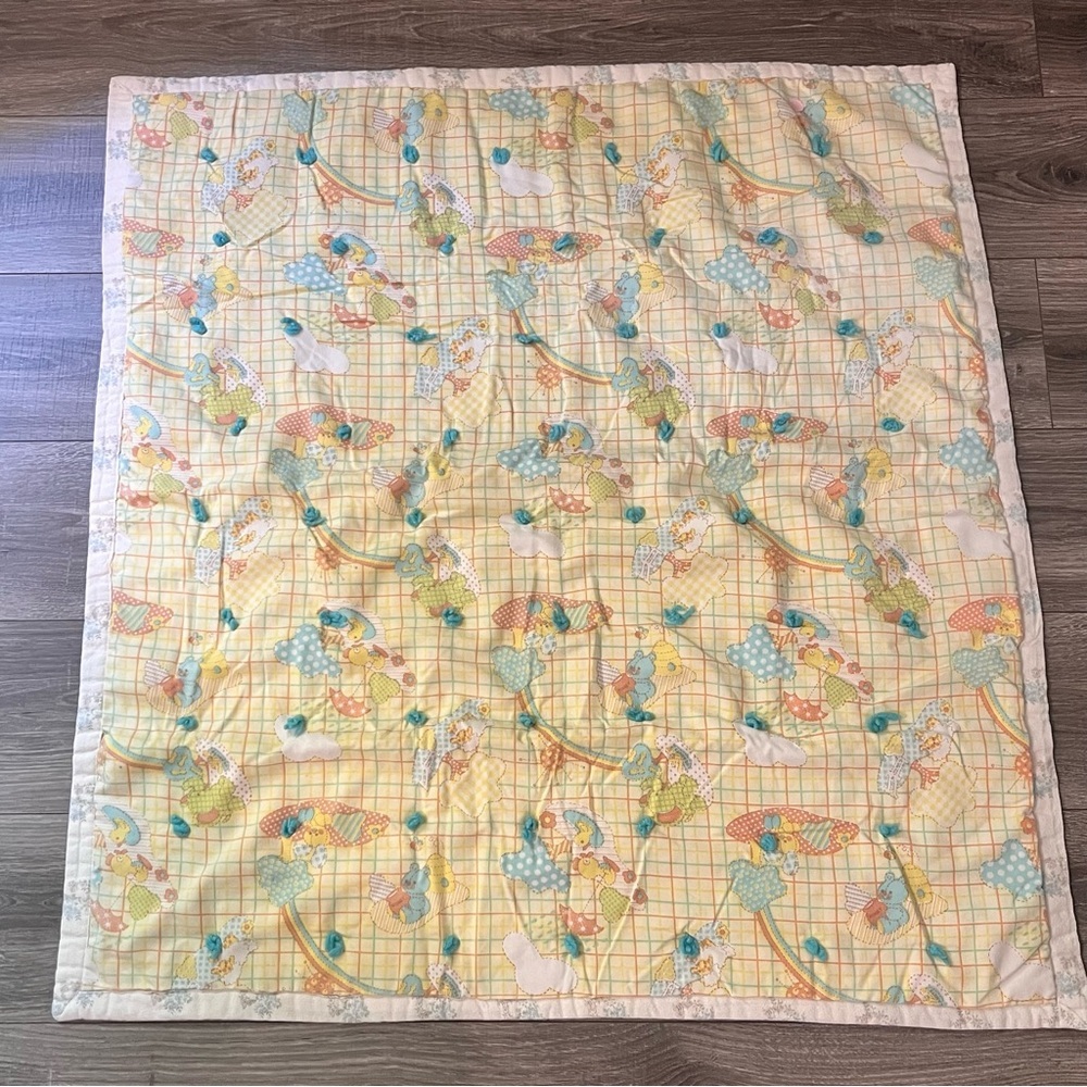 Vintage Baby Quilt‎ Reversible Animal Grid Floral Blue Yarn Tied Nursery Blanket